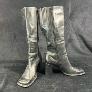 Connie Black Leather Structure Boots Zip Womens 9.5M Square Toe Block Heel P ph_